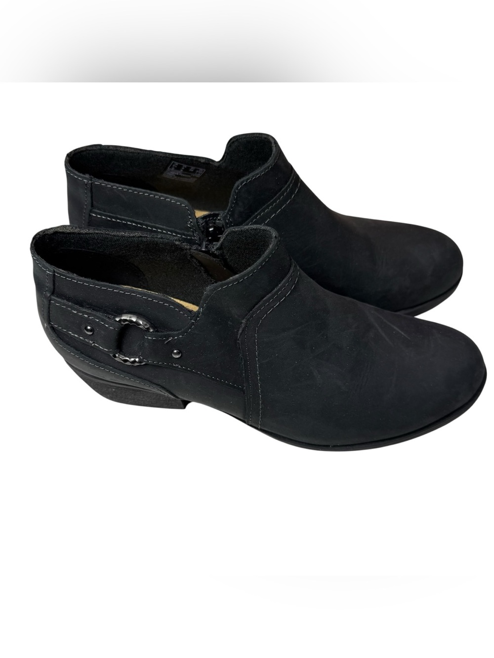 Clarks Black Western Ankle Booties Buckle Side Zip Block Heel Women’s 8
